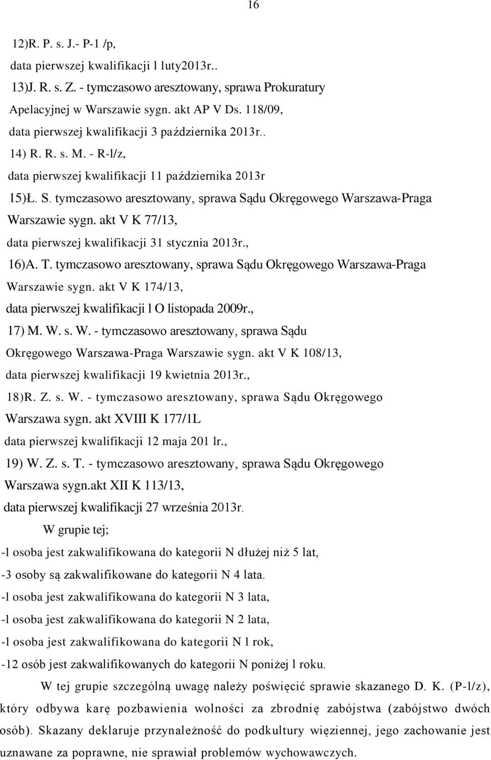 tymczasowo aresztowany, sprawa Sądu Okręgowego Warszawa-Praga Warszawie sygn. akt V K 77/13, data pierwszej kwalifikacji 31 stycznia 2013r., 16)A. T.