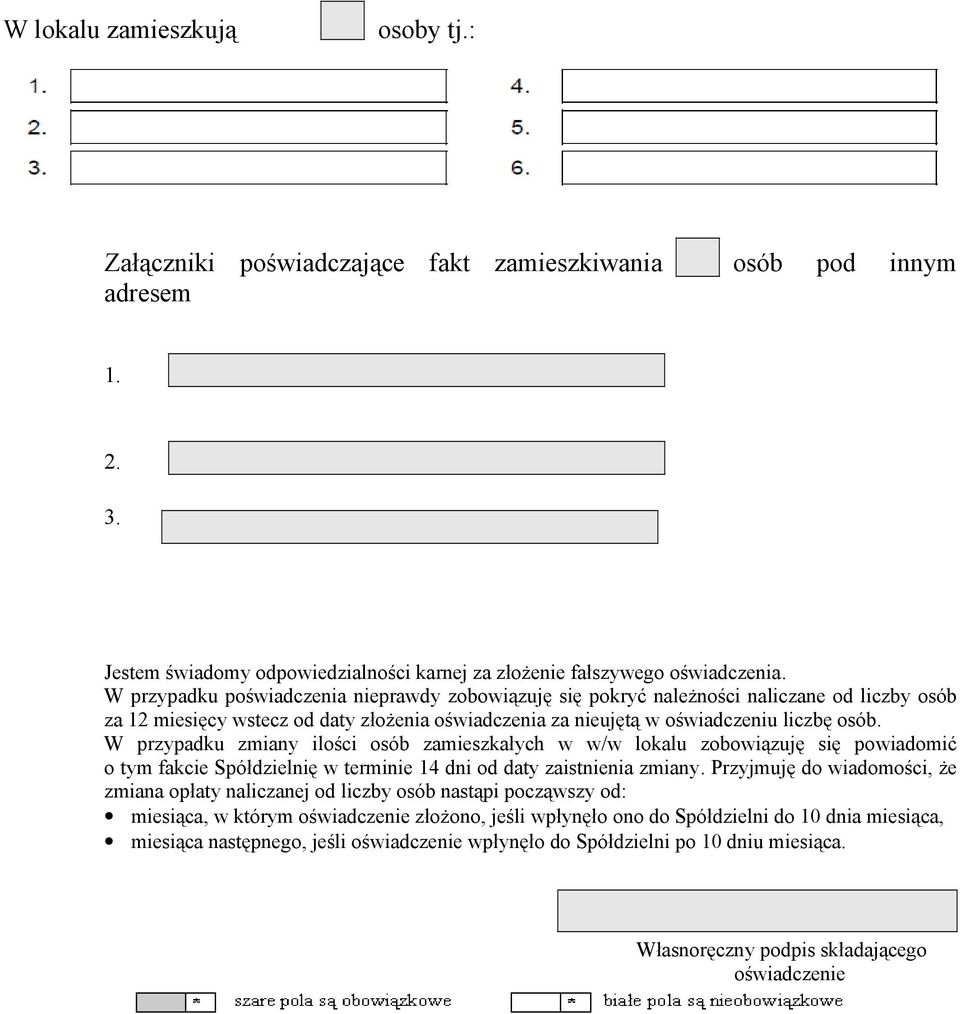 W przypadku zmiany ilości osób zamieszkałych w w/w lokalu zobowiązuję się powiadomić o tym fakcie Spółdzielnię w terminie 14 dni od daty zaistnienia zmiany.