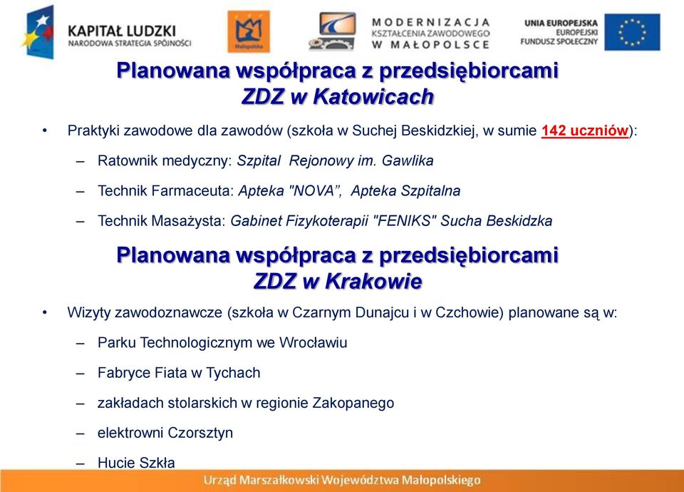 Gawlika Technik Farmaceuta: Apteka "NOVA, Apteka Szpitalna Technik Masażysta: Gabinet Fizykoterapii "FENIKS" Sucha Beskidzka Planowana