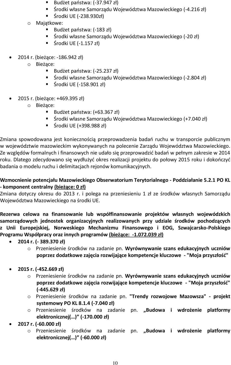 237 zł) Środki własne Samorządu Województwa Mazowieckiego (-2.804 zł) Środki UE (-158.901 zł) 2015 r. (bieżące: +469.395 zł) o Bieżące: Budżet państwa: (+63.