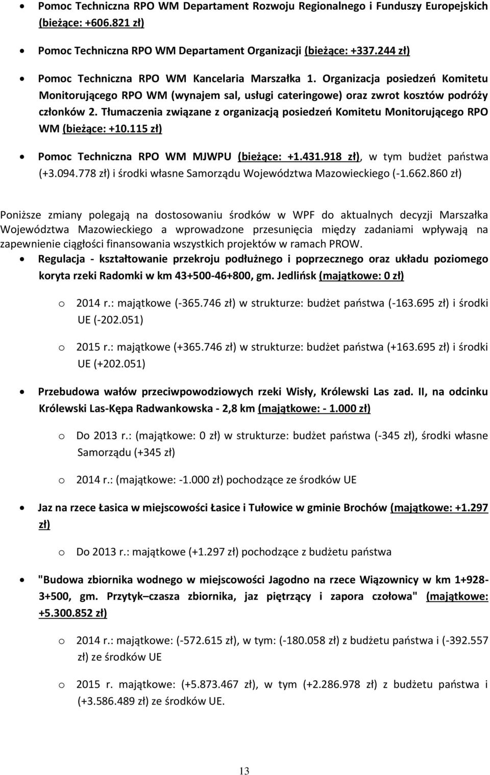 Tłumaczenia związane z organizacją posiedzeń Komitetu Monitorującego RPO WM (bieżące: +10.115 zł) Pomoc Techniczna RPO WM MJWPU (bieżące: +1.431.918 zł), w tym budżet państwa (+3.094.