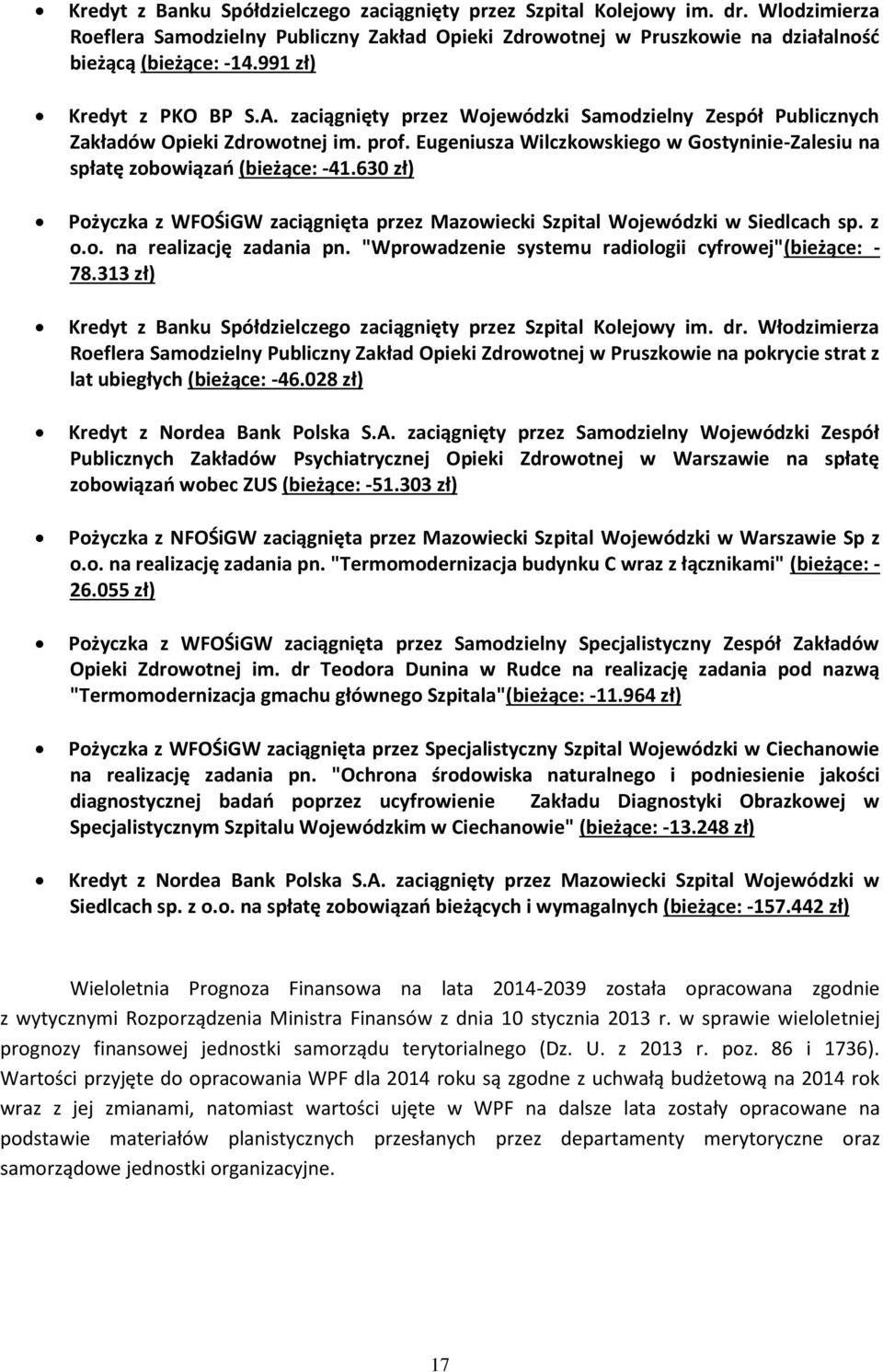 Eugeniusza Wilczkowskiego w Gostyninie-Zalesiu na spłatę zobowiązań (bieżące: -41.630 zł) Pożyczka z WFOŚiGW zaciągnięta przez Mazowiecki Szpital Wojewódzki w Siedlcach sp. z o.o. na realizację zadania pn.