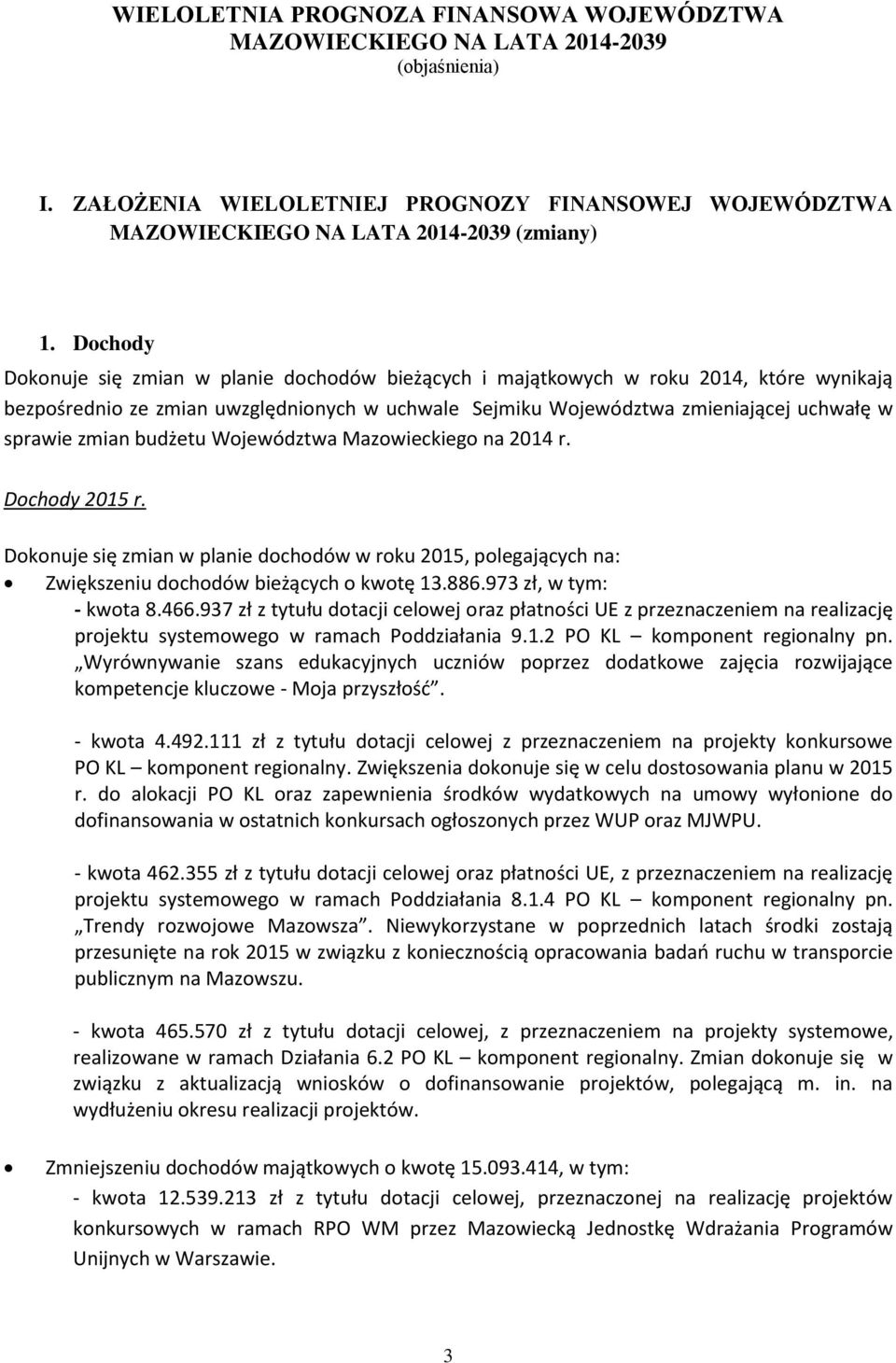 zmian budżetu Województwa Mazowieckiego na 2014 r. Dochody 2015 r. Dokonuje się zmian w planie dochodów w roku 2015, polegających na: Zwiększeniu dochodów bieżących o kwotę 13.886.