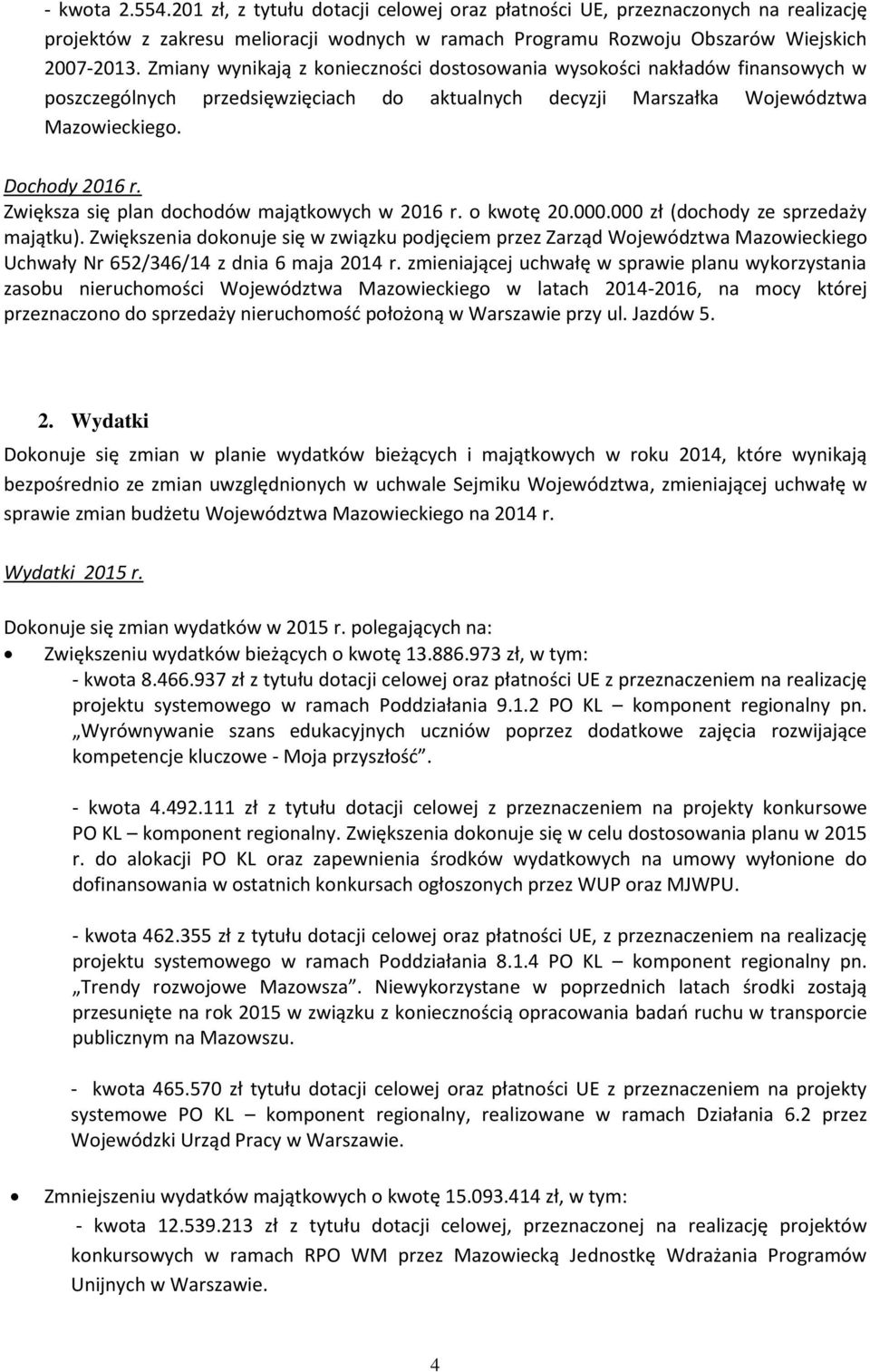 Zwiększa się plan dochodów majątkowych w 2016 r. o kwotę 20.000.000 zł (dochody ze sprzedaży majątku).