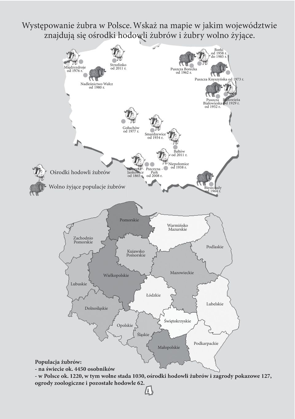 Smardzewice od 1934 r. środki hodowli żubrów Pszczyna - Jankowice od 1865 r. Pszczyna - Park od 2008 r. Bałtów od 2011 r. iepołomice od 1938 r. Wolno żyjące populacje żubrów Bieszczady od 1964 r.