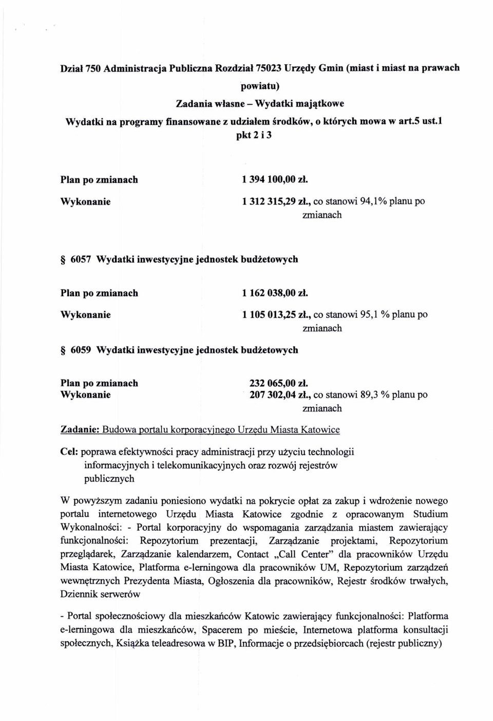 , co stanowi 95,1 % planu po 6059 Wydatki inwestycyjne jednostek bud żetowych Plan po 232 065,00 z ł. 207 302,04 z ł.