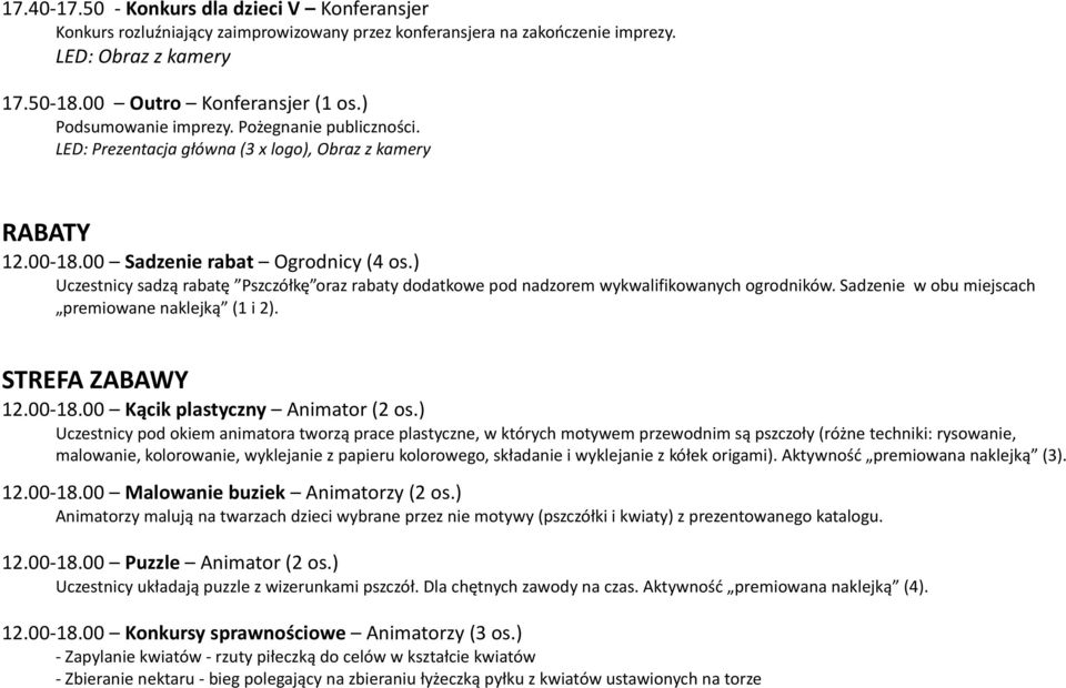 Sadzenie w obu miejscach premiowane naklejką (1 i 2). STREFA ZABAWY 12.00-18.00 Kącik plastyczny Animator (2 os.