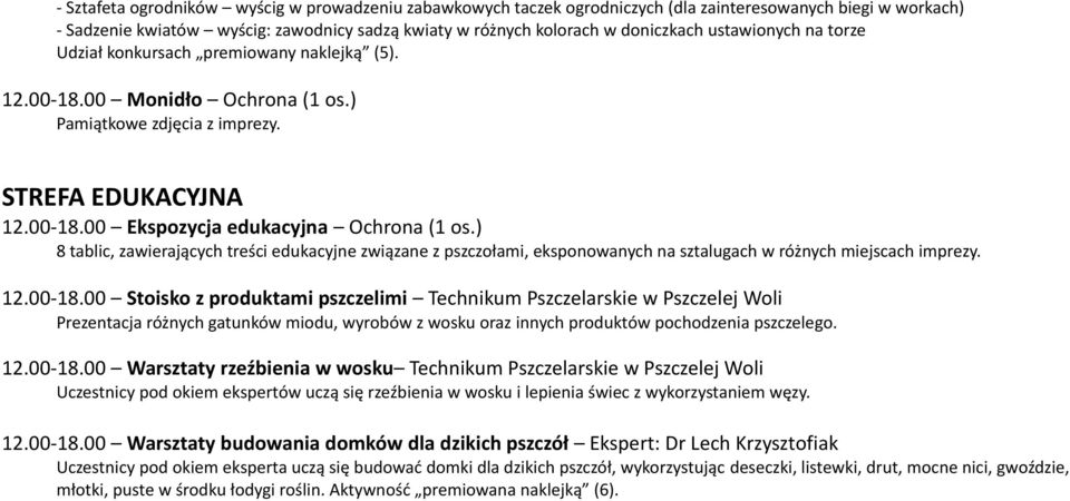 ) 8 tablic, zawierających treści edukacyjne związane z pszczołami, eksponowanych na sztalugach w różnych miejscach imprezy. 12.00-18.