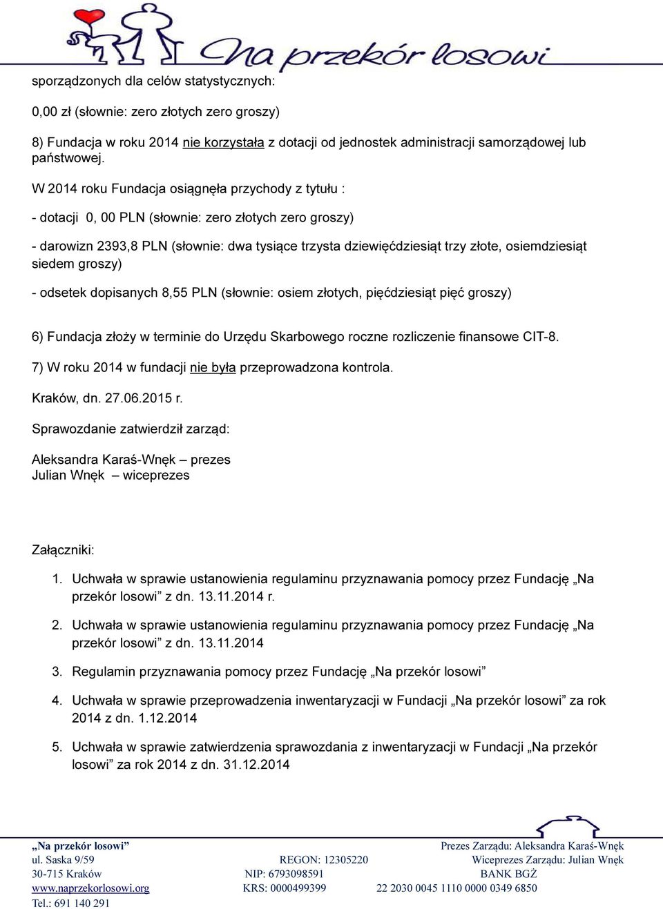 osiemdziesiąt siedem groszy) - odsetek dopisanych 8,55 PLN (słownie: osiem złotych, pięćdziesiąt pięć groszy) 6) Fundacja złoży w terminie do Urzędu Skarbowego roczne rozliczenie finansowe CIT-8.