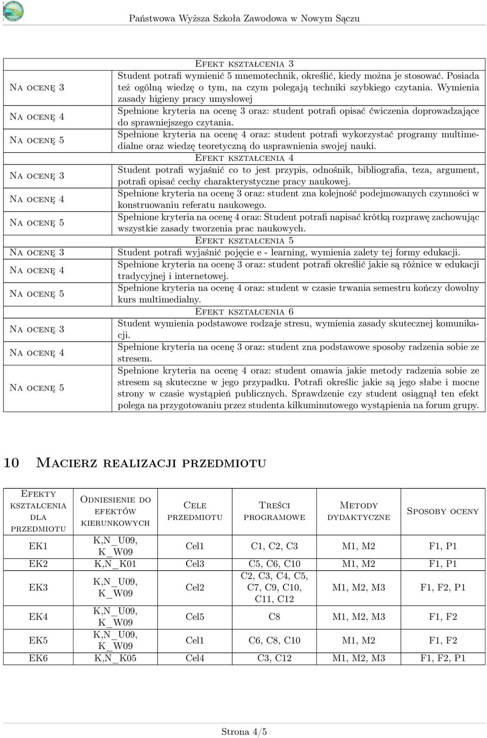 Spełnione kryteria na ocenę 4 oraz: student potrafi wykorzystać programy multimedialne oraz wiedzę teoretyczną do usprawnienia swojej nauki.