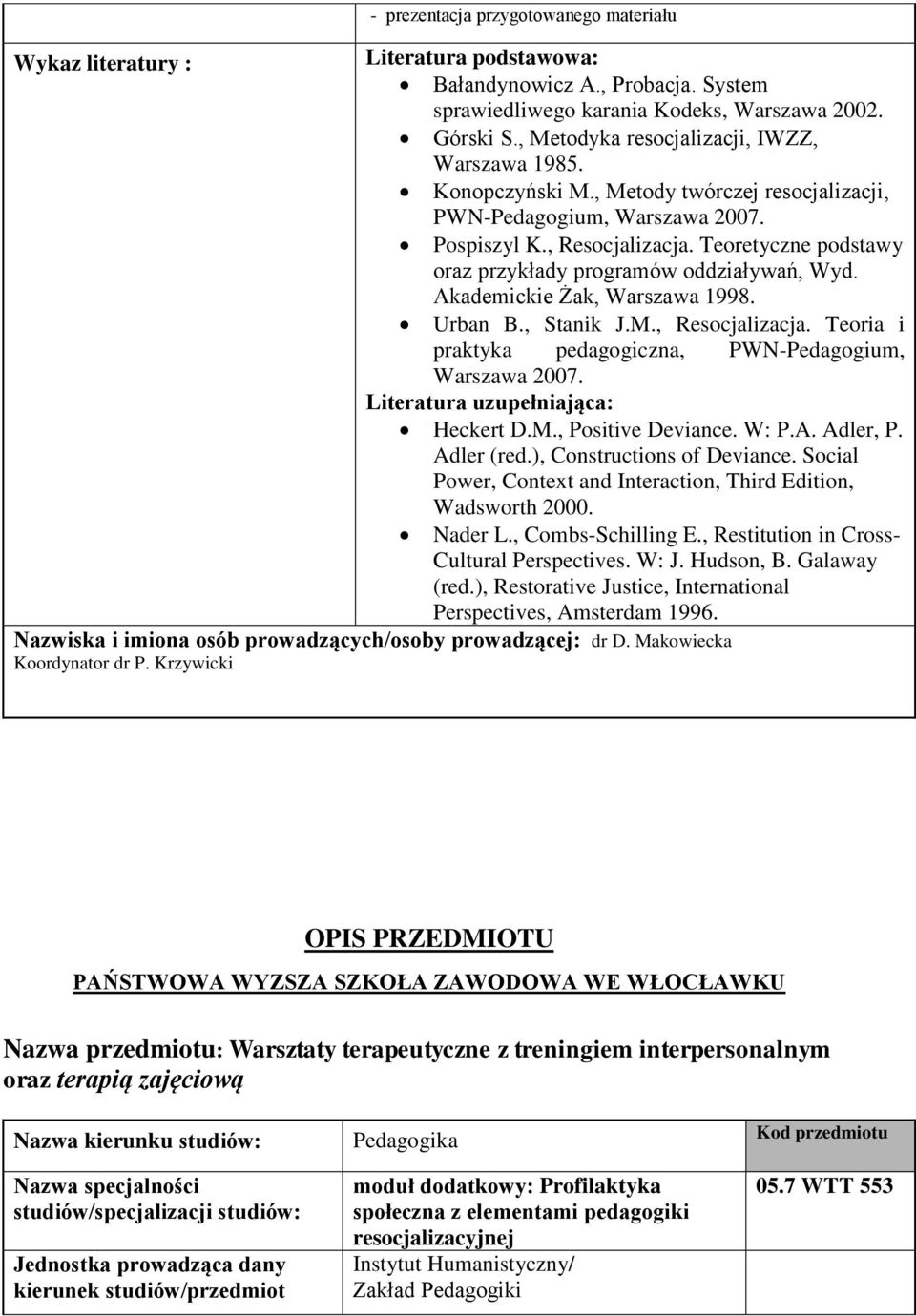 Teoretyczne podstawy oraz przykłady programów oddziaływań, Wyd. Akademickie Żak, Warszawa 1998. Urban B., Stanik J.M., Resocjalizacja. Teoria i praktyka pedagogiczna, PWN-Pedagogium, Warszawa 2007.