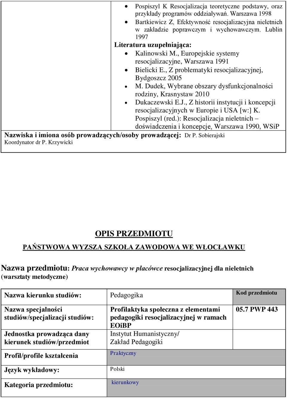 Dudek, Wybrane obszary dysfunkcjonalności rodziny, Krasnystaw 2010 Dukaczewski E.J., Z historii instytucji i koncepcji resocjalizacyjnych w Europie i USA [w:] K. Pospiszyl (red.