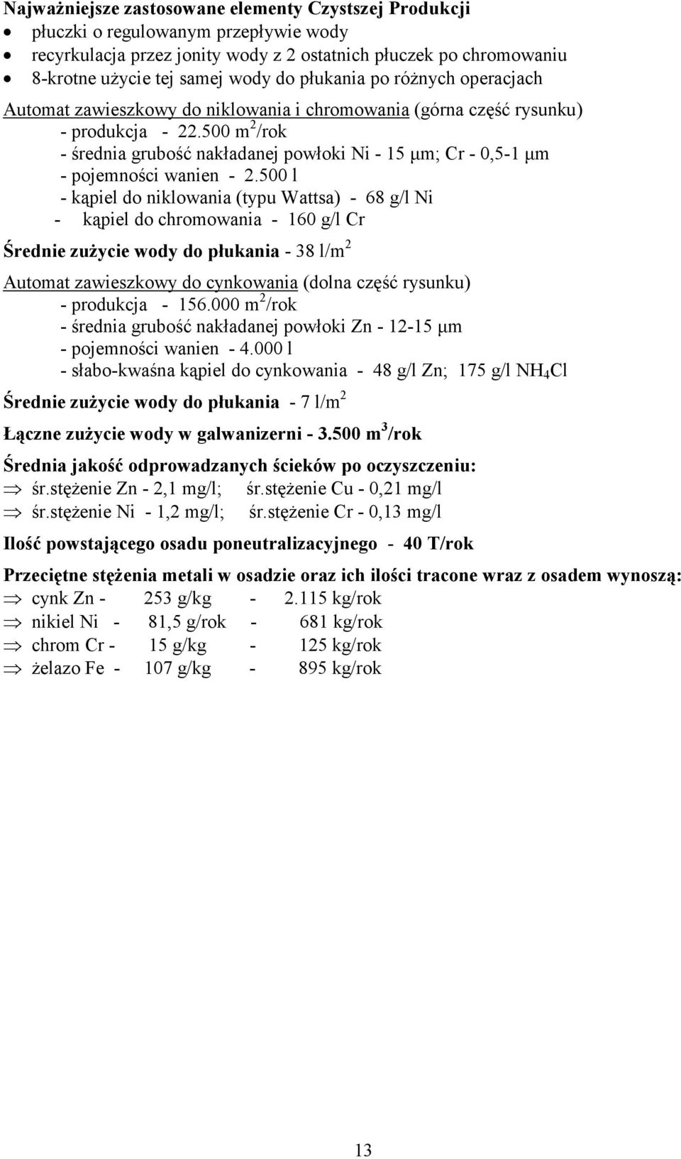 500 m 2 /rok średnia grubość nakładanej powłoki Ni 15 µm; Cr 0,51 µm pojemności wanien 2.