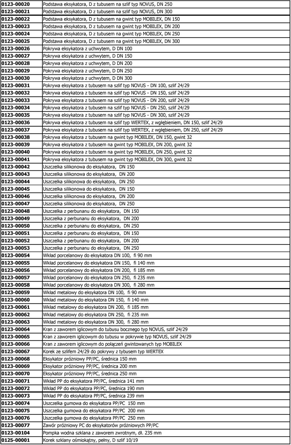 tubusem na gwint typ MOBILEX, DN 300 0123-00026 Pokrywa eksykatora z uchwytem, D DN 100 0123-00027 Pokrywa eksykatora z uchwytem, D DN 150 0123-00028 Pokrywa eksykatora z uchwytem, D DN 200