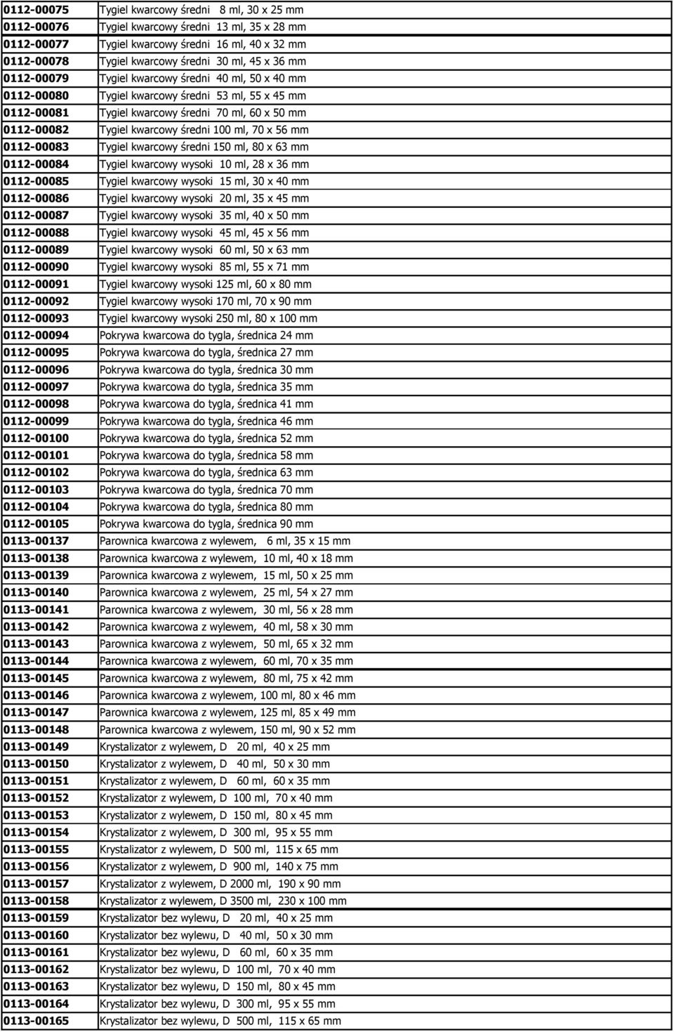 100 ml, 70 x 56 mm 0112-00083 Tygiel kwarcowy średni 150 ml, 80 x 63 mm 0112-00084 Tygiel kwarcowy wysoki 10 ml, 28 x 36 mm 0112-00085 Tygiel kwarcowy wysoki 15 ml, 30 x 40 mm 0112-00086 Tygiel