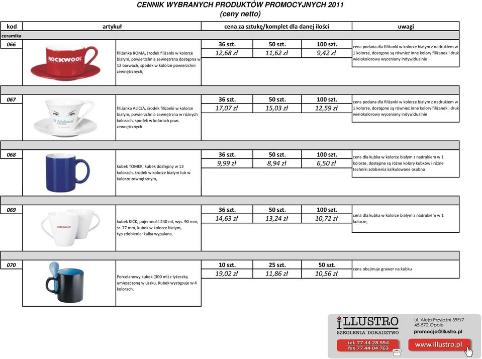 kolorze białym z nadrukiem w 1 kolorze, dostępne są również inne kolory filiżanek i druk wielokolorowy wyceniany indywidualnie 067 36 szt. 50 szt. 100 szt.