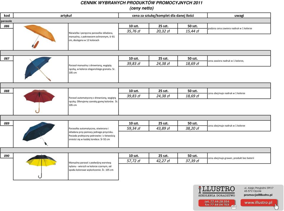 39,83 zł 24,38 zł 18,69 zł Parasol manualny z drewnianą, wygiętą rączką, w kolorze eleganckiego granatu. Sr. 105 cm cena zawiera nadruk w 1 kolorze, 088 10 szt. 25 szt. 50 szt.