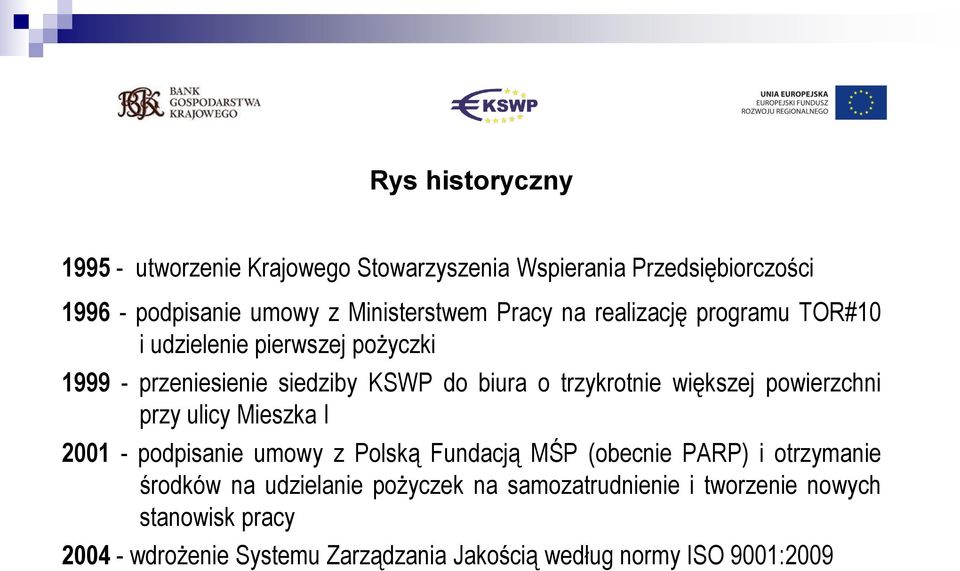 większej powierzchni przy ulicy Mieszka I 2001 - podpisanie umowy z Polską Fundacją MŚP (obecnie PARP) i otrzymanie środków na