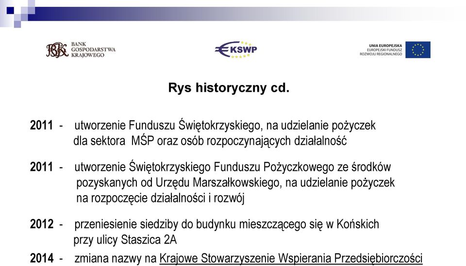 działalność 2011 - utworzenie Świętokrzyskiego Funduszu Pożyczkowego ze środków pozyskanych od Urzędu Marszałkowskiego,