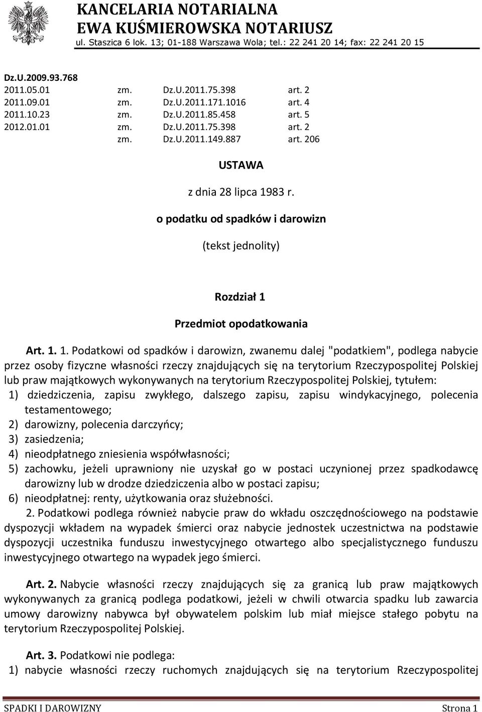 83 r. o podatku od spadków i darowizn (tekst jednolity) Rozdział 1 