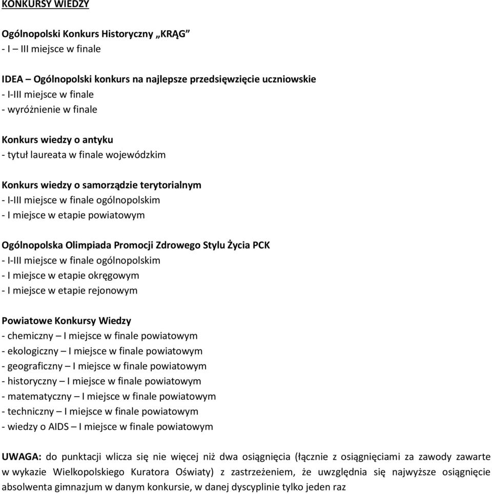 Życia PCK - I-III miejsce w finale ogólnopolskim - I miejsce w etapie okręgowym - I miejsce w etapie rejonowym Powiatowe Konkursy Wiedzy - chemiczny I miejsce w finale powiatowym - ekologiczny I