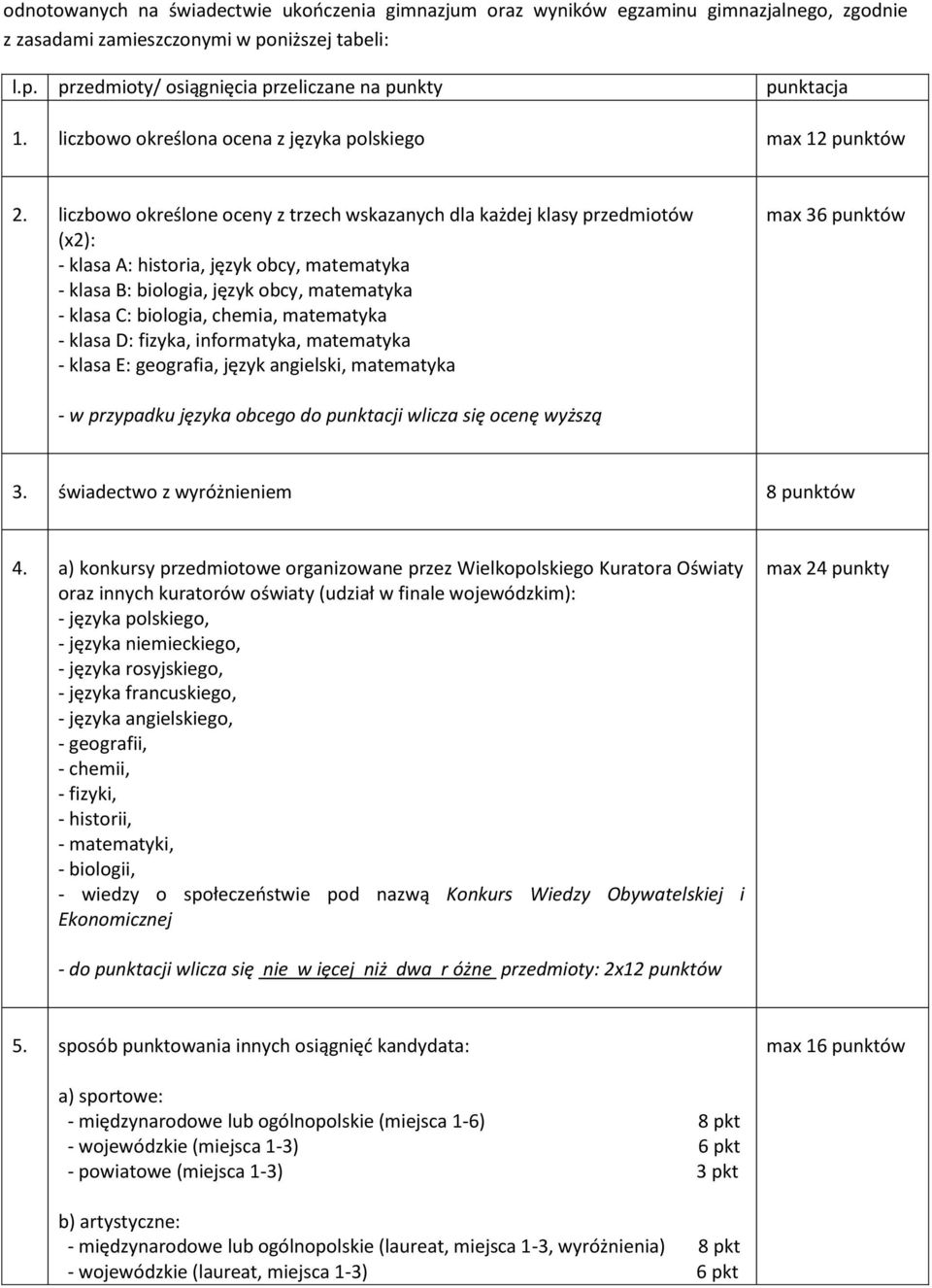 liczbowo określone oceny z trzech wskazanych dla każdej klasy przedmiotów (x2): - klasa A: historia, język obcy, matematyka - klasa B: biologia, język obcy, matematyka - klasa C: biologia, chemia,