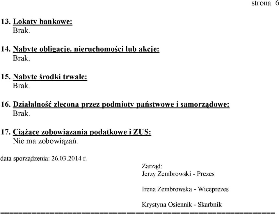 Ciążące zobowiązania podatkowe i ZUS: Nie ma zobowiązań. data sporządzenia: 26.03.2014 r.