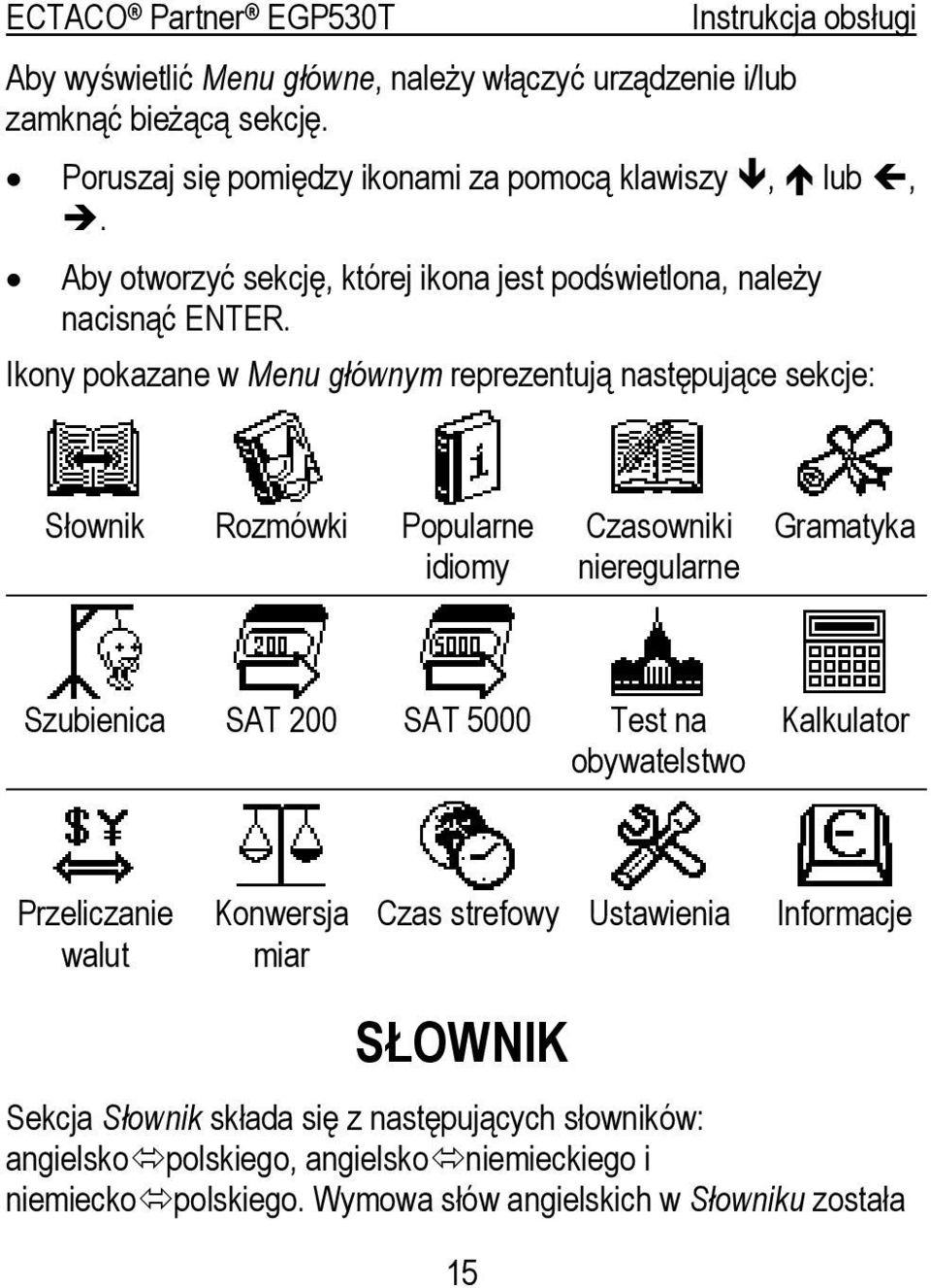 Ikony pokazane w Menu głównym reprezentują następujące sekcje: Słownik Rozmówki Popularne idiomy Czasowniki nieregularne Gramatyka Szubienica SAT 200 SAT 5000