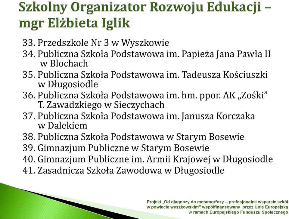 Zawadzkiego w Sieczychach 37. Publiczna Szkoła Podstawowa im. Janusza Korczaka w Dalekiem 38.