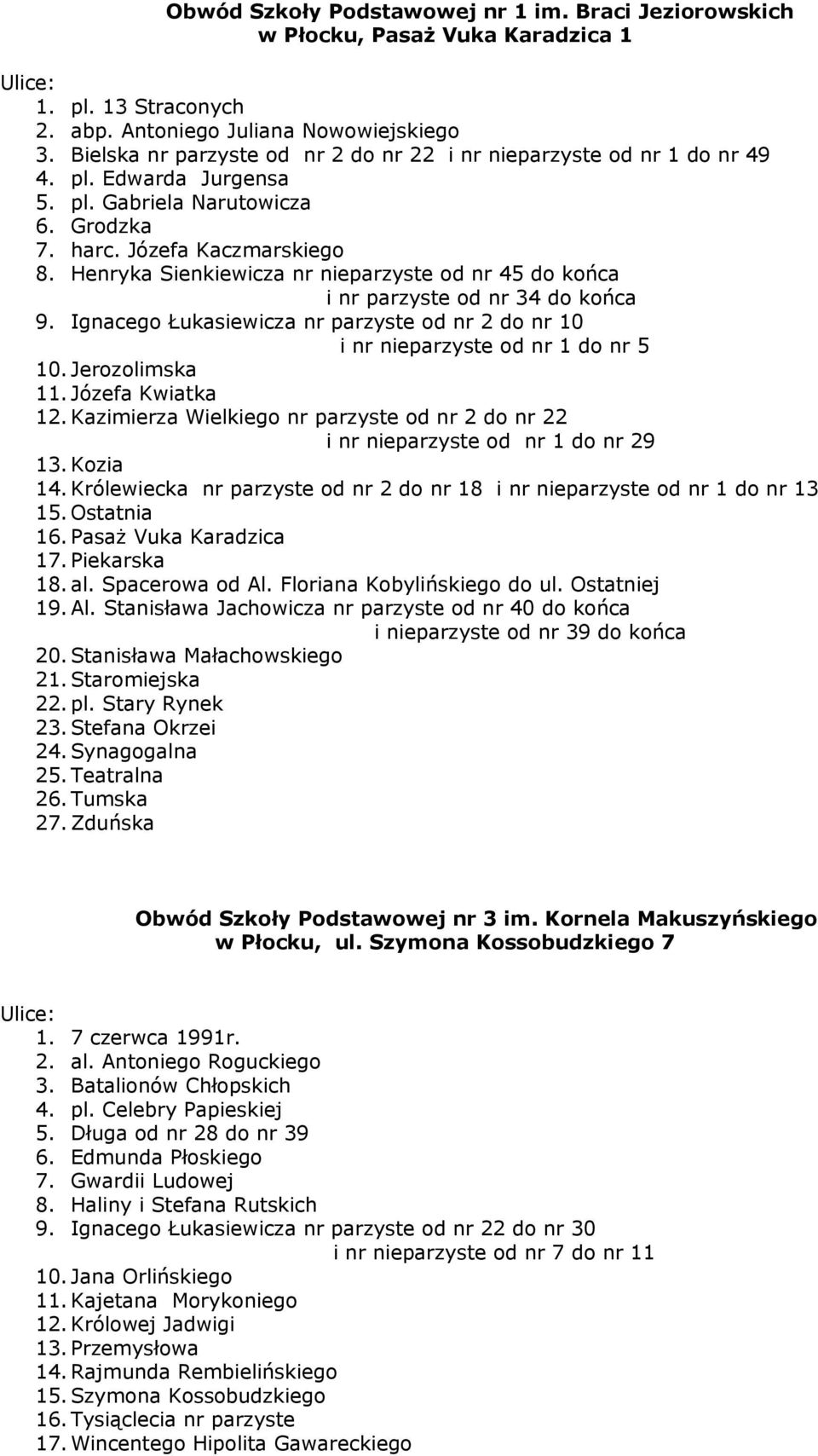 Henryka Sienkiewicza nr nieparzyste od nr 45 do końca i nr parzyste od nr 34 do końca 9. Ignacego Łukasiewicza nr parzyste od nr 2 do nr 10 i nr nieparzyste od nr 1 do nr 5 10. Jerozolimska 11.