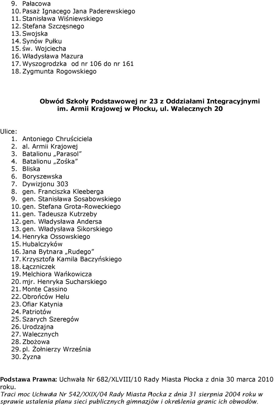 Armii Krajowej 3. Batalionu Parasol 4. Batalionu Zośka 5. Bliska 6. Boryszewska 7. Dywizjonu 303 8. gen. Franciszka Kleeberga 9. gen. Stanisława Sosabowskiego 10. gen. Stefana Grota-Roweckiego 11.