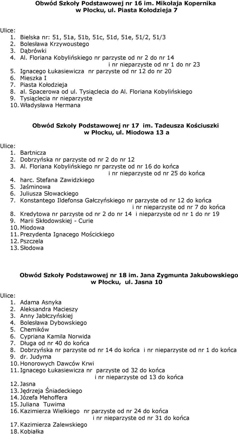 Tysiąclecia do Al. Floriana Kobylińskiego 9. Tysiąclecia nr nieparzyste 10. Władysława Hermana Obwód Szkoły Podstawowej nr 17 im. Tadeusza Kościuszki w Płocku, ul. Miodowa 13 a 1. Bartnicza 2.