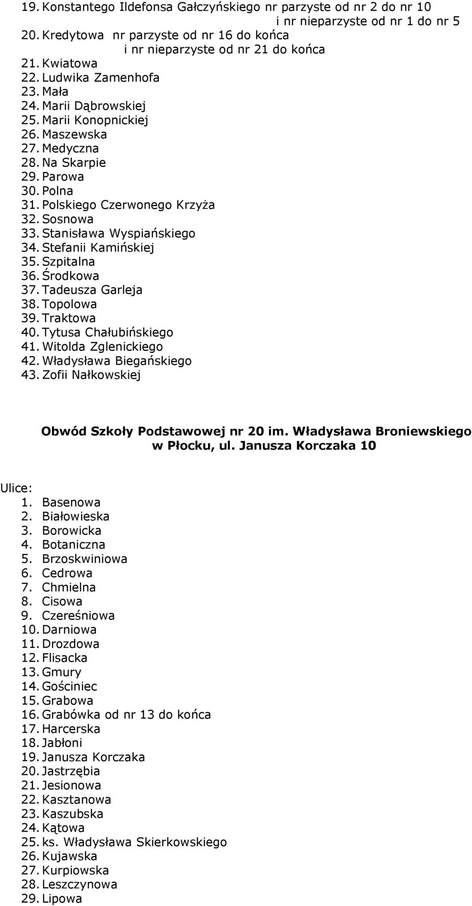 Stanisława Wyspiańskiego 34. Stefanii Kamińskiej 35. Szpitalna 36. Środkowa 37. Tadeusza Garleja 38. Topolowa 39. Traktowa 40. Tytusa Chałubińskiego 41. Witolda Zglenickiego 42.