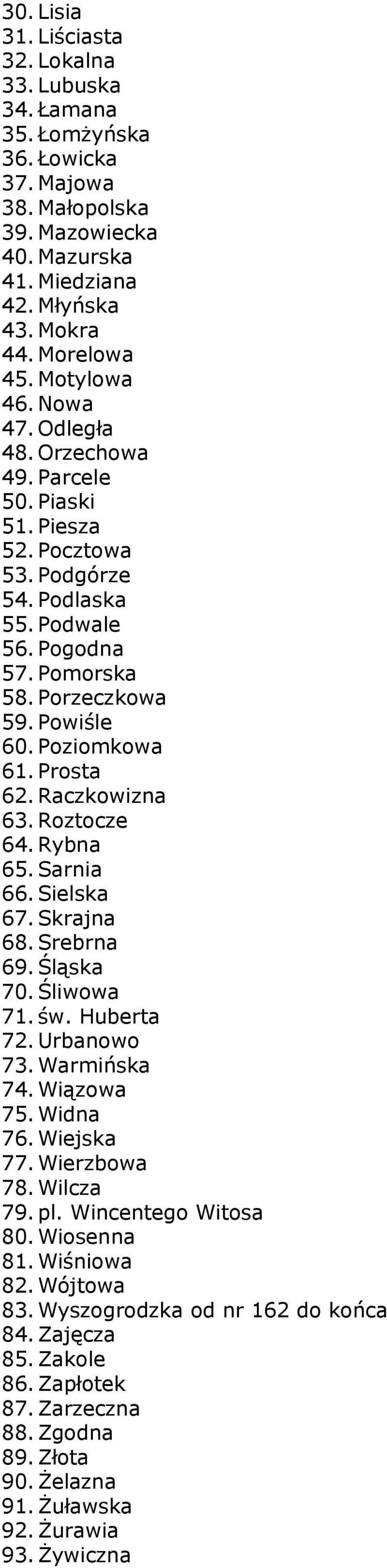 Prosta 62. Raczkowizna 63. Roztocze 64. Rybna 65. Sarnia 66. Sielska 67. Skrajna 68. Srebrna 69. Śląska 70. Śliwowa 71. św. Huberta 72. Urbanowo 73. Warmińska 74. Wiązowa 75. Widna 76. Wiejska 77.