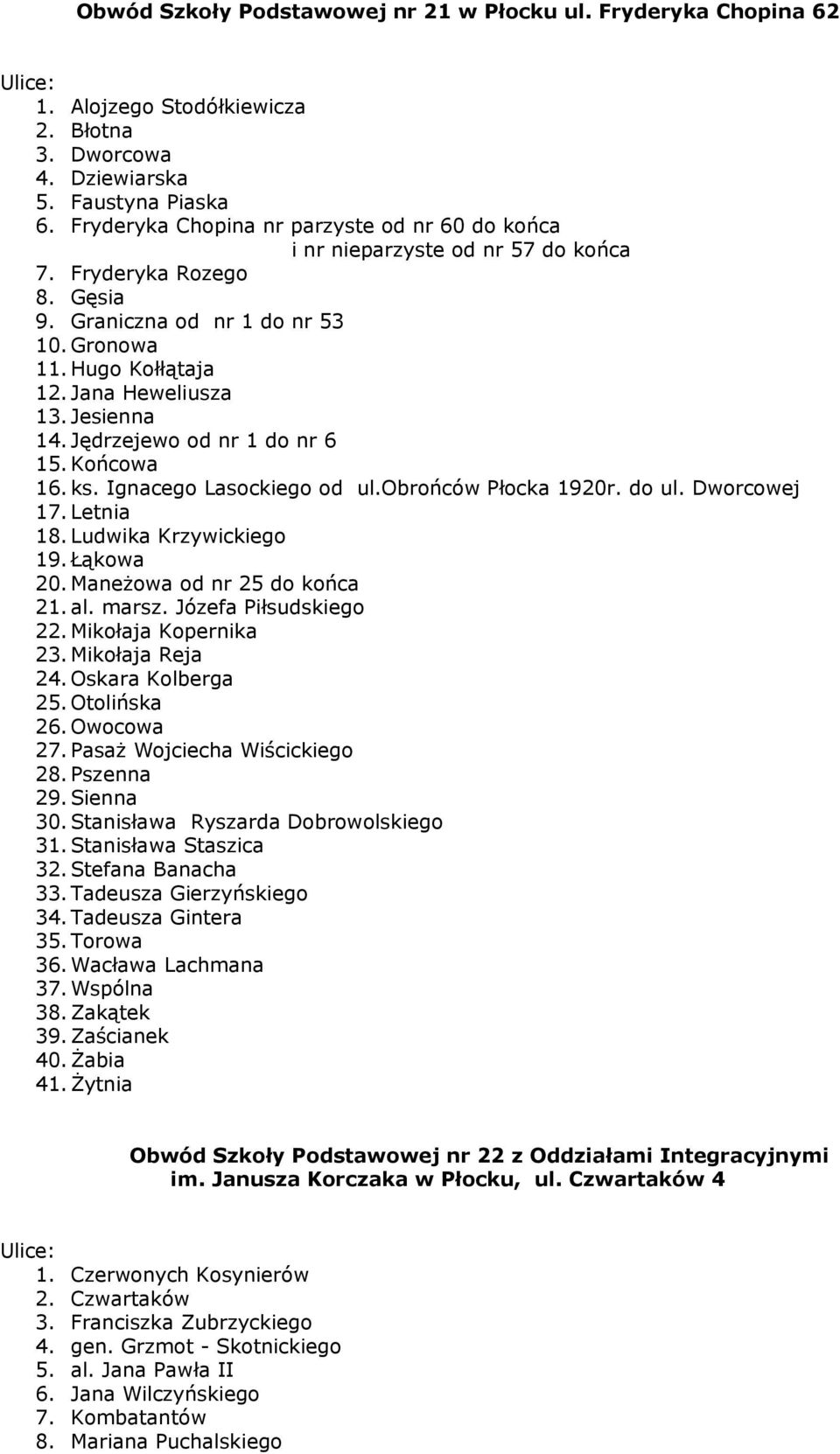 Jesienna 14. Jędrzejewo od nr 1 do nr 6 15. Końcowa 16. ks. Ignacego Lasockiego od ul.obrońców Płocka 1920r. do ul. Dworcowej 17. Letnia 18. Ludwika Krzywickiego 19. Łąkowa 20.