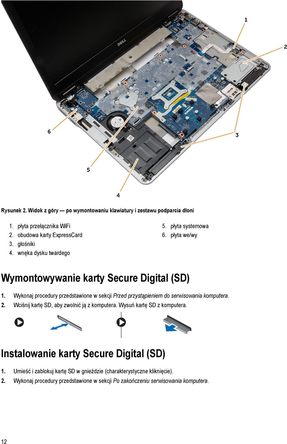 Wykonaj procedury przedstawione w sekcji Przed przystąpieniem do serwisowania komputera. 2. Wciśnij kartę SD, aby zwolnić ją z komputera.