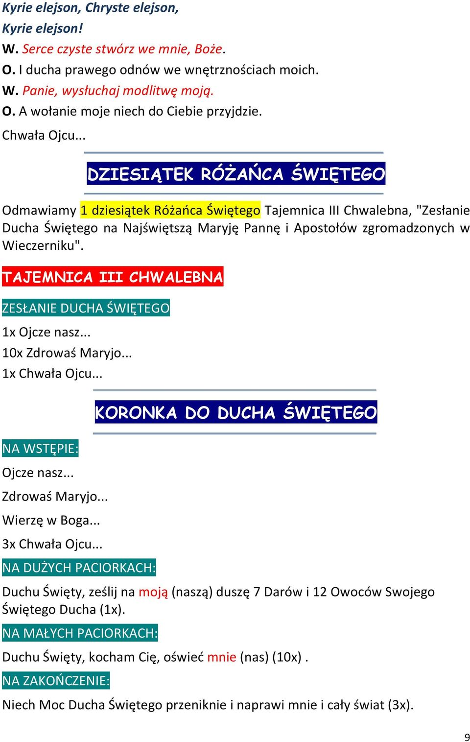 TAJEMNICA III CHWALEBNA ZESŁANIE DUCHA ŚWIĘTEGO 1x 10x 1x NA WSTĘPIE: Wierzę w Boga.