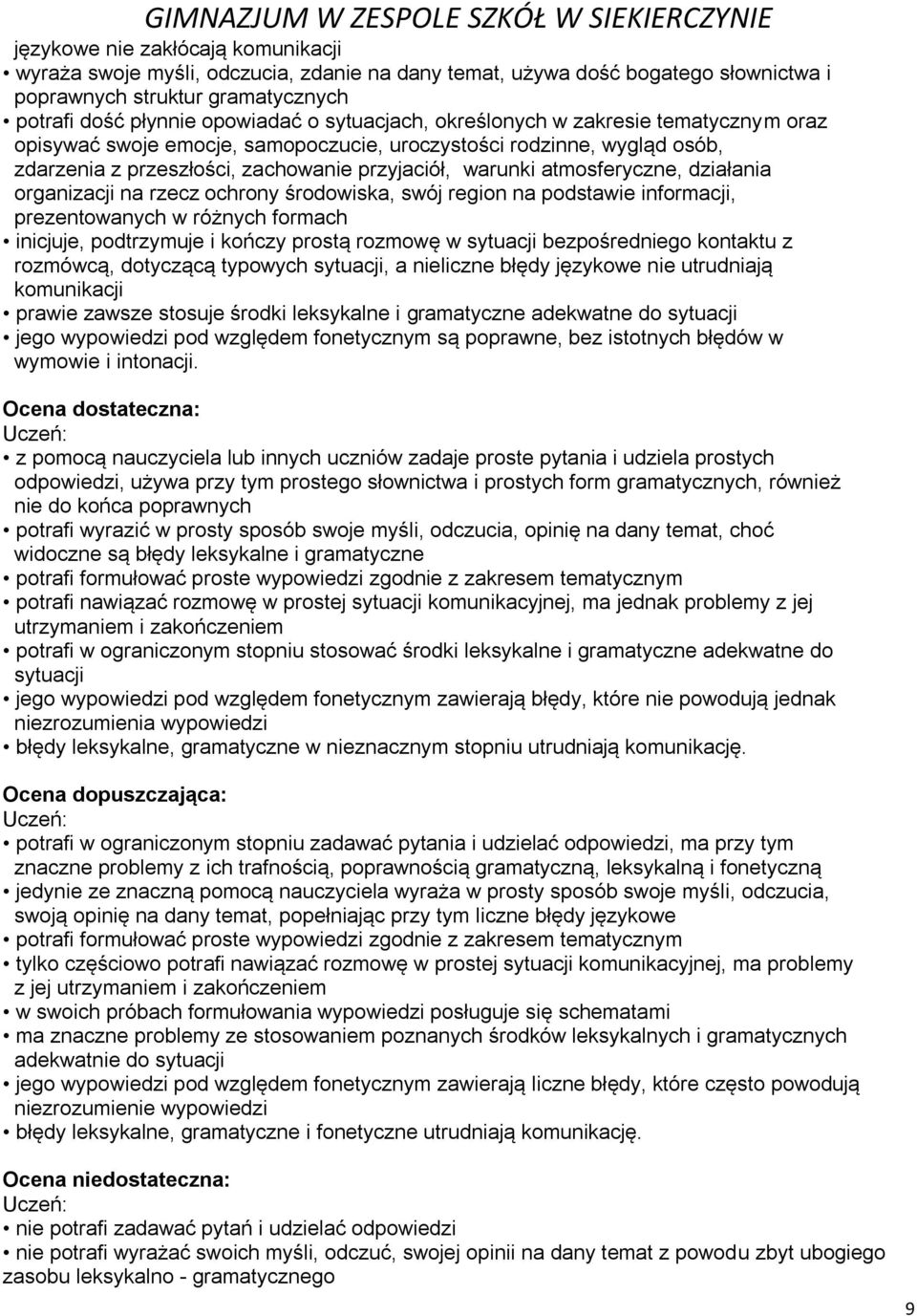 organizacji na rzecz ochrony środowiska, swój region na podstawie informacji, prezentowanych w różnych formach inicjuje, podtrzymuje i kończy prostą rozmowę w sytuacji bezpośredniego kontaktu z