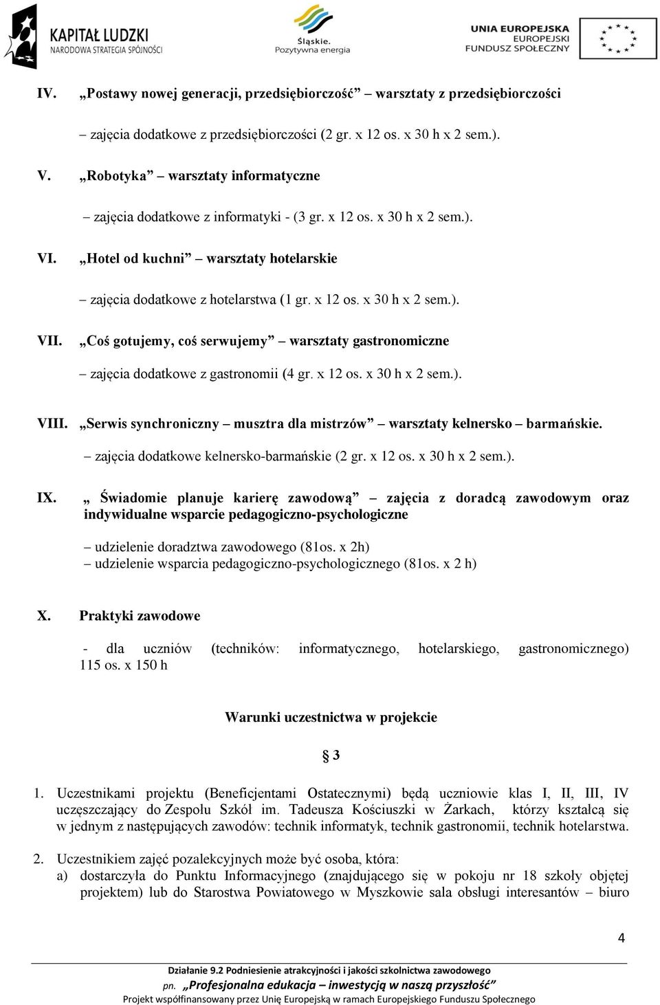 Coś gotujemy, coś serwujemy warsztaty gastronomiczne zajęcia dodatkowe z gastronomii (4 gr. x 12 os. x 30 h x 2 sem.). VIII. Serwis synchroniczny musztra dla mistrzów warsztaty kelnersko barmańskie.