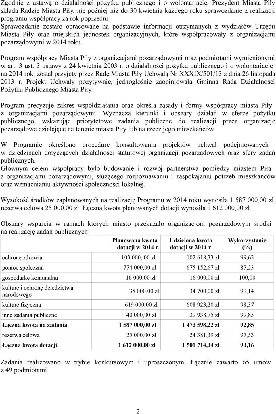 Sprawozdanie zostało opracowane na podstawie informacji otrzymanych z wydziałów Urzędu Miasta Piły oraz miejskich jednostek organizacyjnych, które współpracowały z organizacjami pozarządowymi w 2014