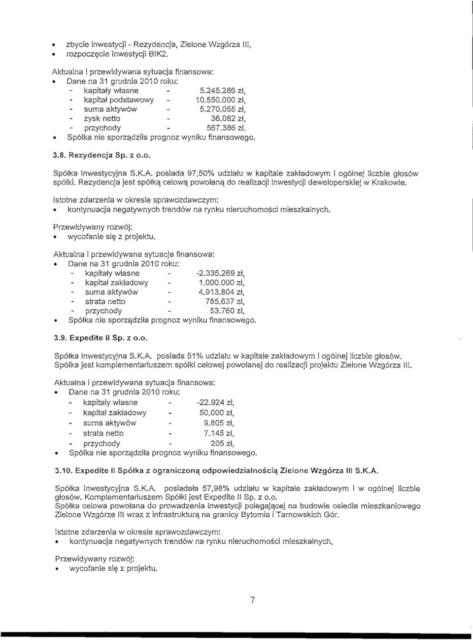 posiada 97,50% udziaiu w kapitale zakladowym i ogolnej liczbie glosow spoiki. Rezydencja jest spolka, celowa. powolana, do realizacji inwestycji deweloperskiej w Krakowie.