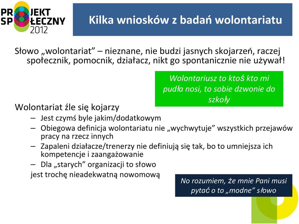 Wolontariat źle się kojarzy Jest czymś byle jakim/dodatkowym Wolontariusz to ktośkto mi pudła nosi, to sobie dzwonie do szkoły i mi takich łebków podsyłają