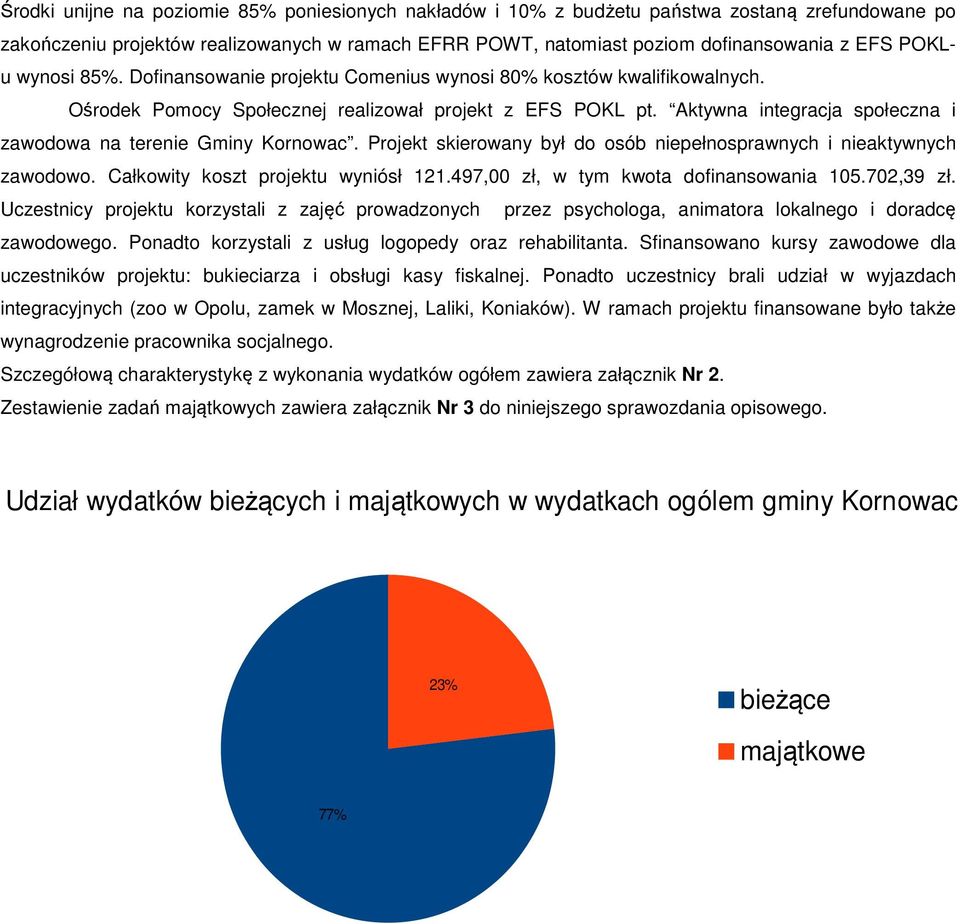 Aktywna integracja społeczna i zawodowa na terenie Gminy Kornowac. Projekt skierowany był do osób niepełnosprawnych i nieaktywnych zawodowo. Całkowity koszt projektu wyniósł 121.