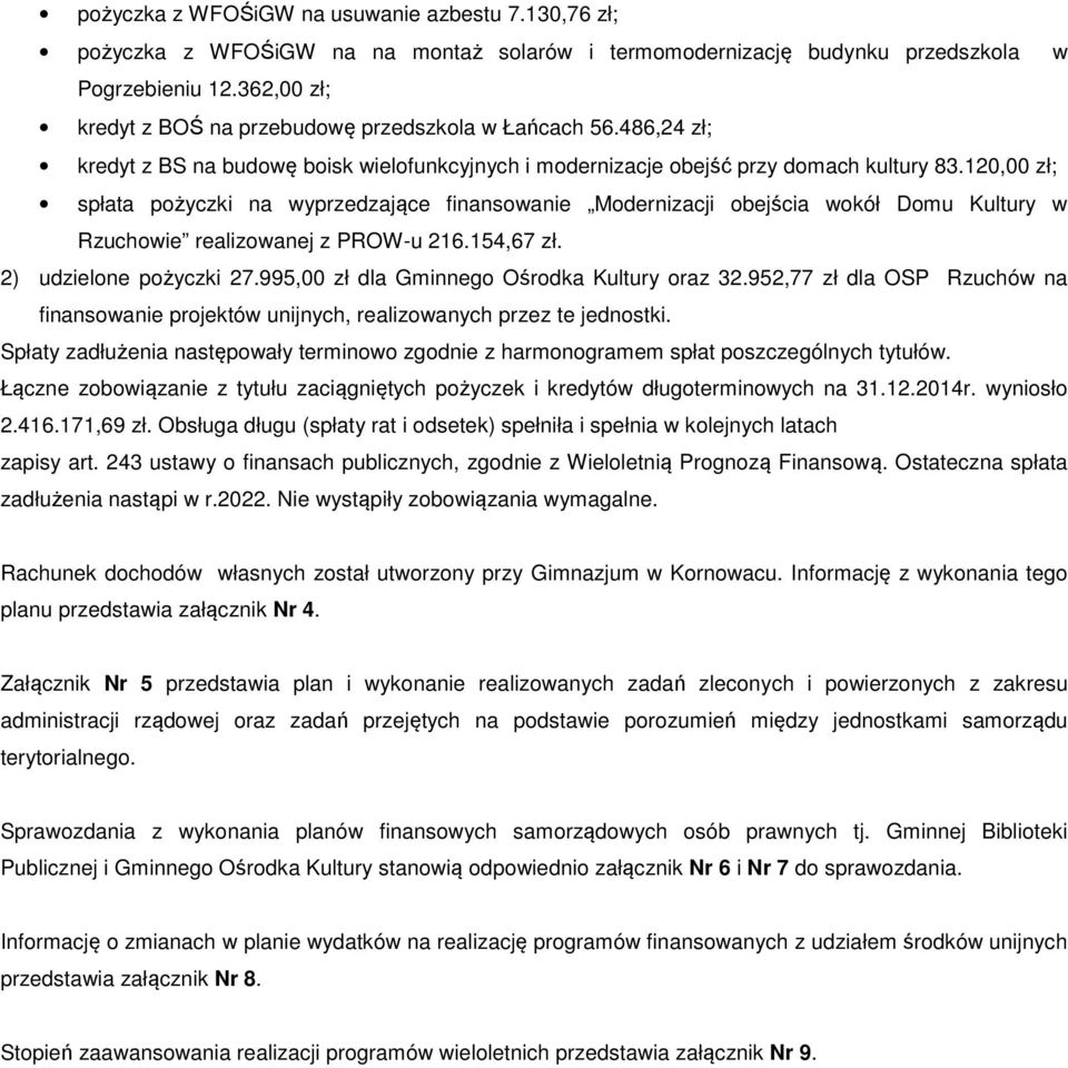 120,00 zł; spłata pożyczki na wyprzedzające finansowanie Modernizacji obejścia wokół Domu Kultury w Rzuchowie realizowanej z PROW-u 216.154,67 zł. 2) udzielone pożyczki 27.