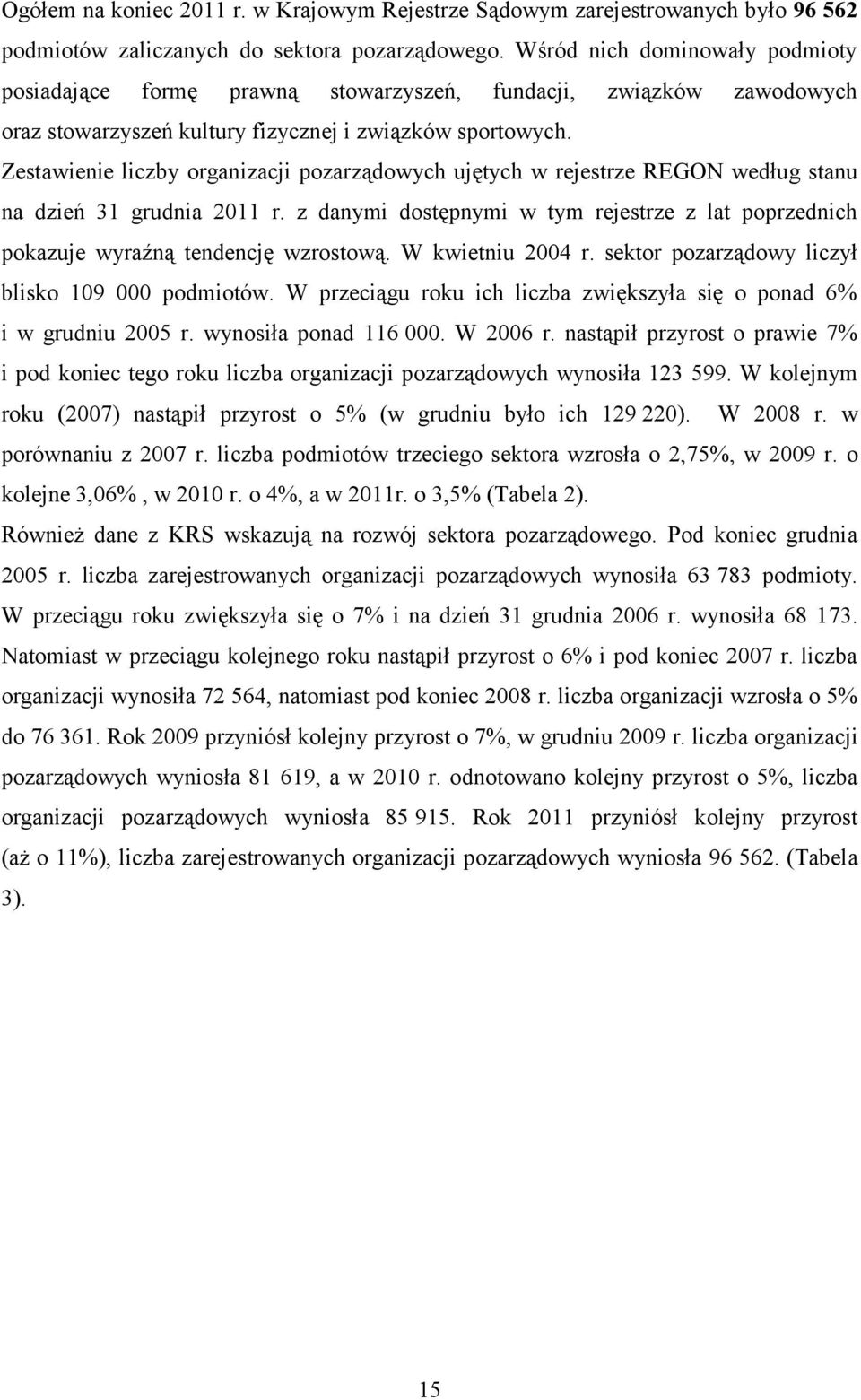 Zestawienie liczby organizacji pozarządowych ujętych w rejestrze REGON według stanu na dzień 31 grudnia 2011 r.