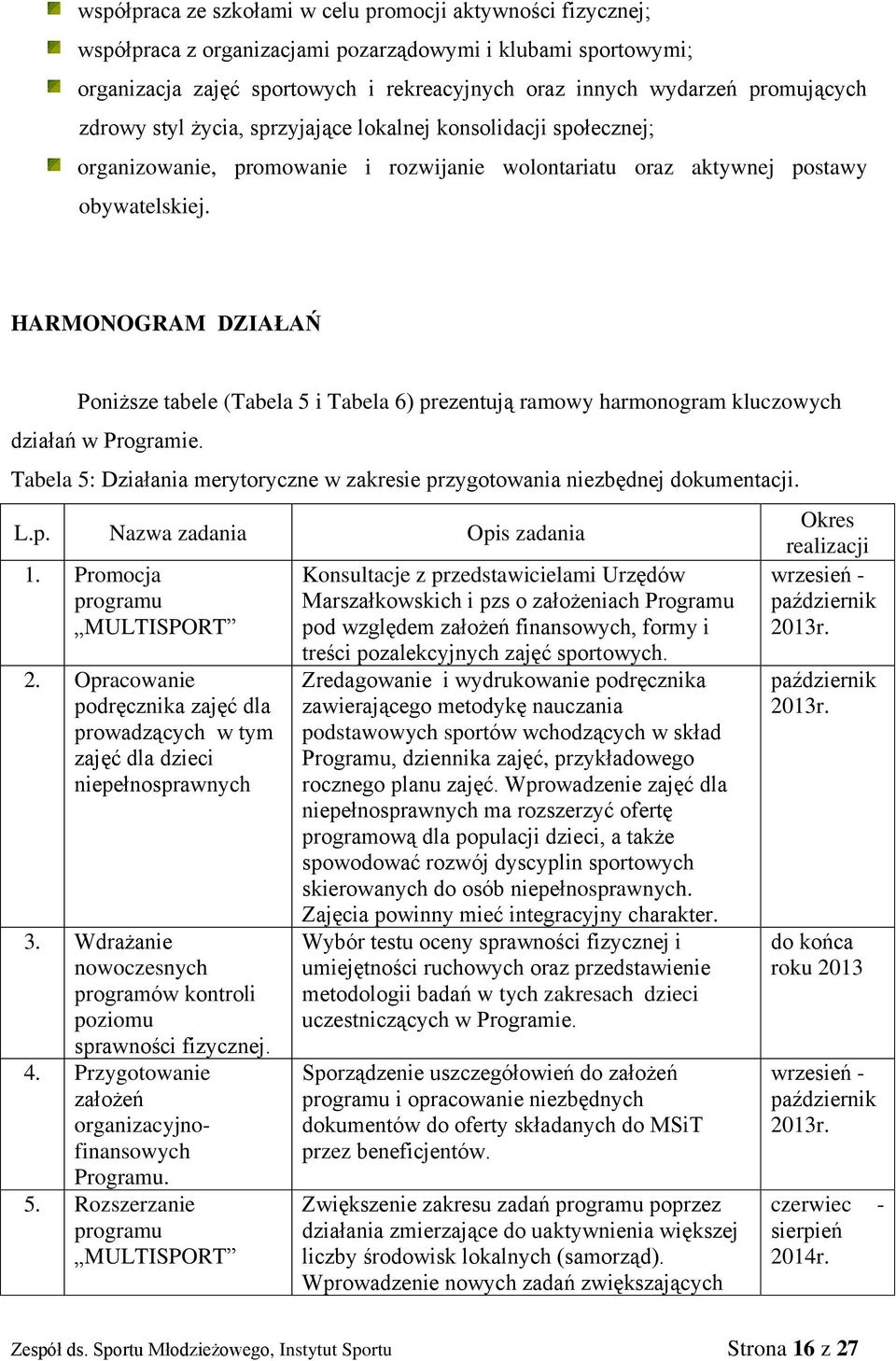 HARMONOGRAM DZIAŁAŃ Poniższe tabele (Tabela 5 i Tabela 6) prezentują ramowy harmonogram kluczowych działań w Programie.