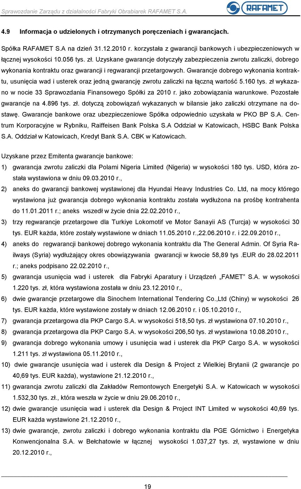 Gwarancje dobrego wykonania kontraktu, usunięcia wad i usterek oraz jedną gwarancję zwrotu zaliczki na łączną wartość 5.160 tys. zł wykazano w nocie 33 Sprawozdania Finansowego Spółki za 2010 r.