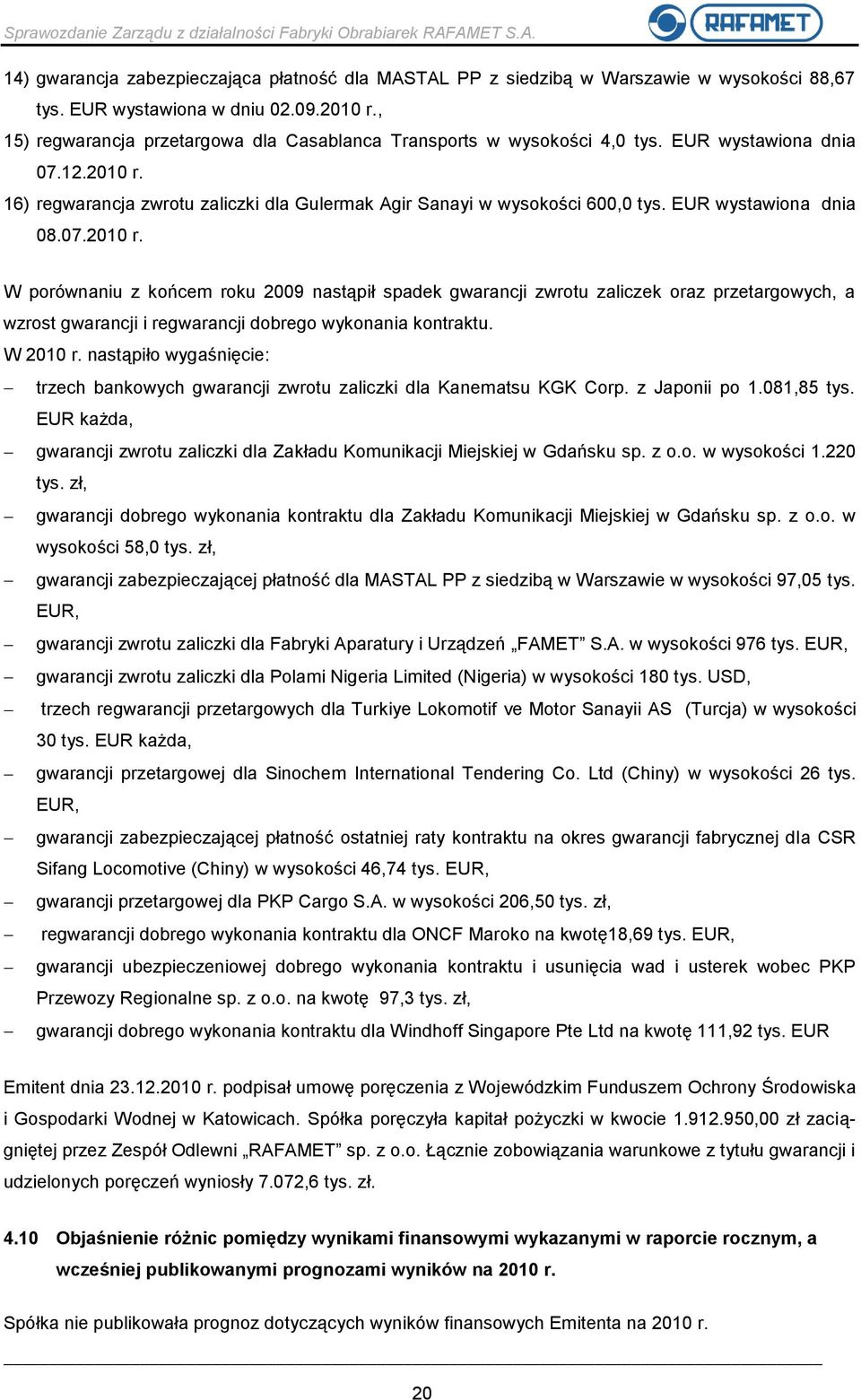 EUR wystawiona dnia 08.07.2010 r. W porównaniu z końcem roku 2009 nastąpił spadek gwarancji zwrotu zaliczek oraz przetargowych, a wzrost gwarancji i regwarancji dobrego wykonania kontraktu. W 2010 r.