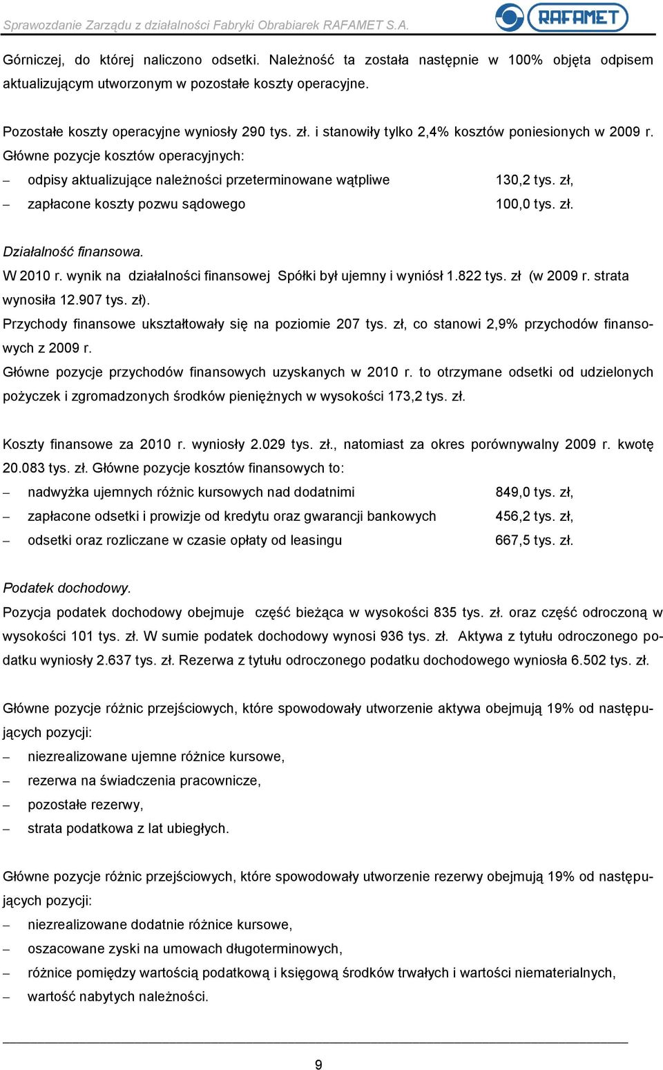 zł, zapłacone koszty pozwu sądowego 100,0 tys. zł. Działalność finansowa. W 2010 r. wynik na działalności finansowej Spółki był ujemny i wyniósł 1.822 tys. zł (w 2009 r. strata wynosiła 12.907 tys.