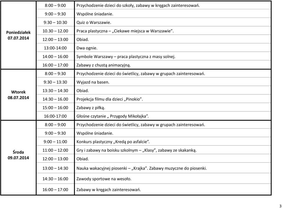 8:00 9:30 Przychodzenie dzieci do świetlicy, zabawy w grupach zainteresowań. 9:30 13:30 Wyjazd na basen. 13:30 14:30 Obiad. 14:30 16.00 Projekcja filmu dla dzieci Pinokio. 15:00 16:00 Zabawy z piłką.